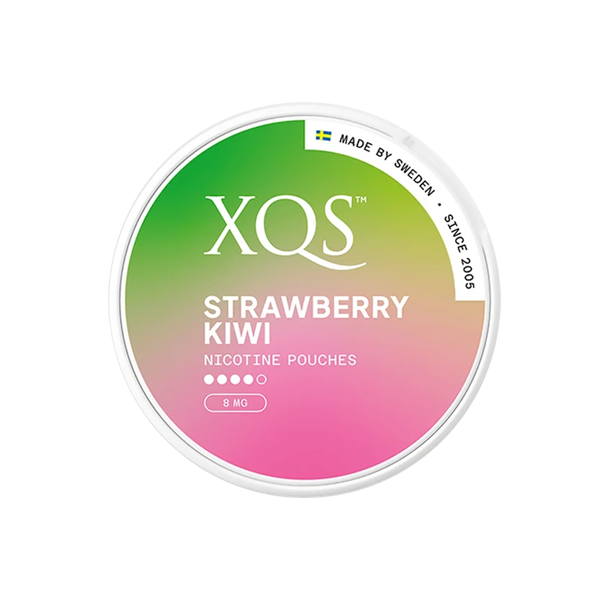 Strawberry Kiwi Strong AW - Round tin of XQS Strawberry Kiwi Snus nicotine pouches with green and pink gradient label.